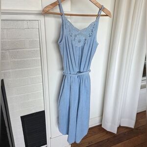 Vintage Miss Elaine 70s Baby Blue Terry Cloth Dress W Tie Lace Detail Womens Med